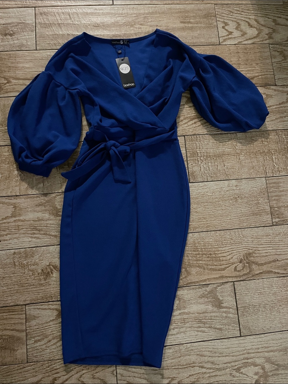 Boohoo Cobalt Wrap Midi Dress with Balloon Sleeves